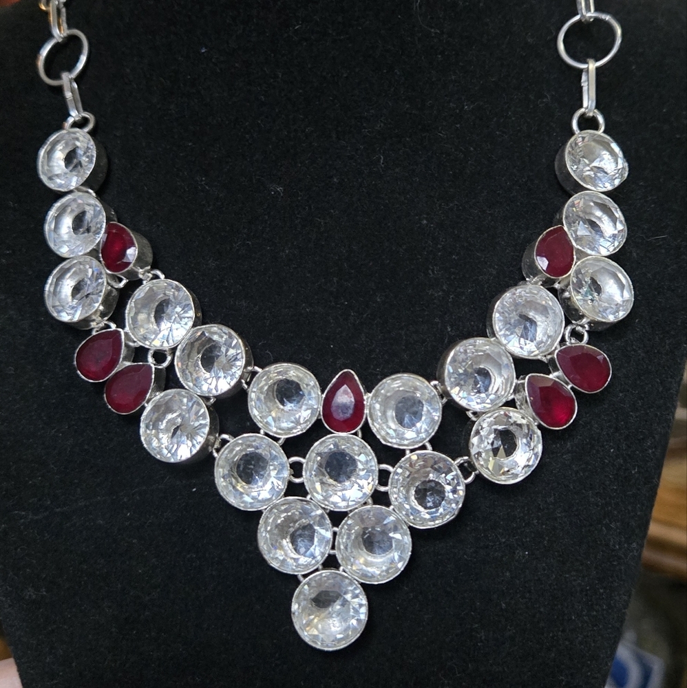 Quarts & garnet sterling silver bib necklace - Picture 9 of 12